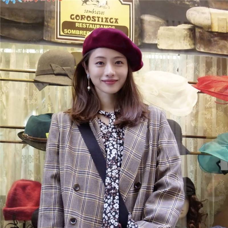 石原里美同款帽子冬季酒红色贝雷帽女羊毛呢英伦复古蓓蕾帽画家帽