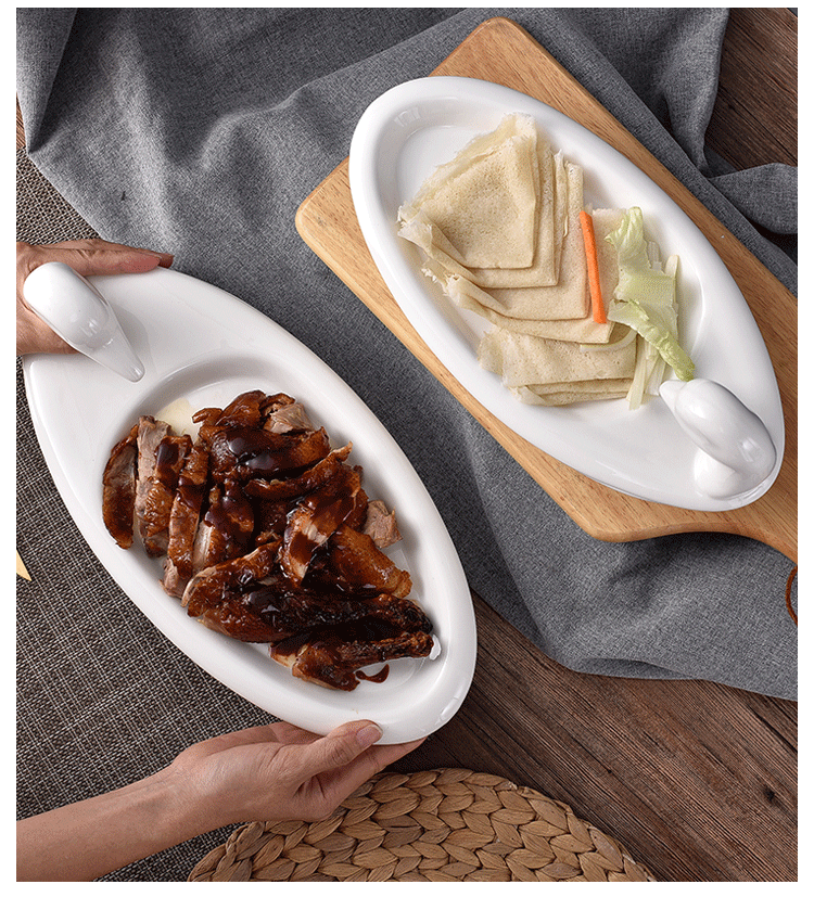 创意北京片皮鸭烤鸭烧鸭烧鹅盘陶瓷烤鸭保温加热盘酒店餐厅鸭头盘小鸭