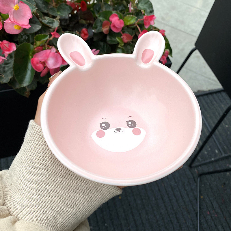 小碗儿童米饭碗零食碗水果沙拉陶瓷碗带勺微波可爱小碗咖色黄狗配套勺