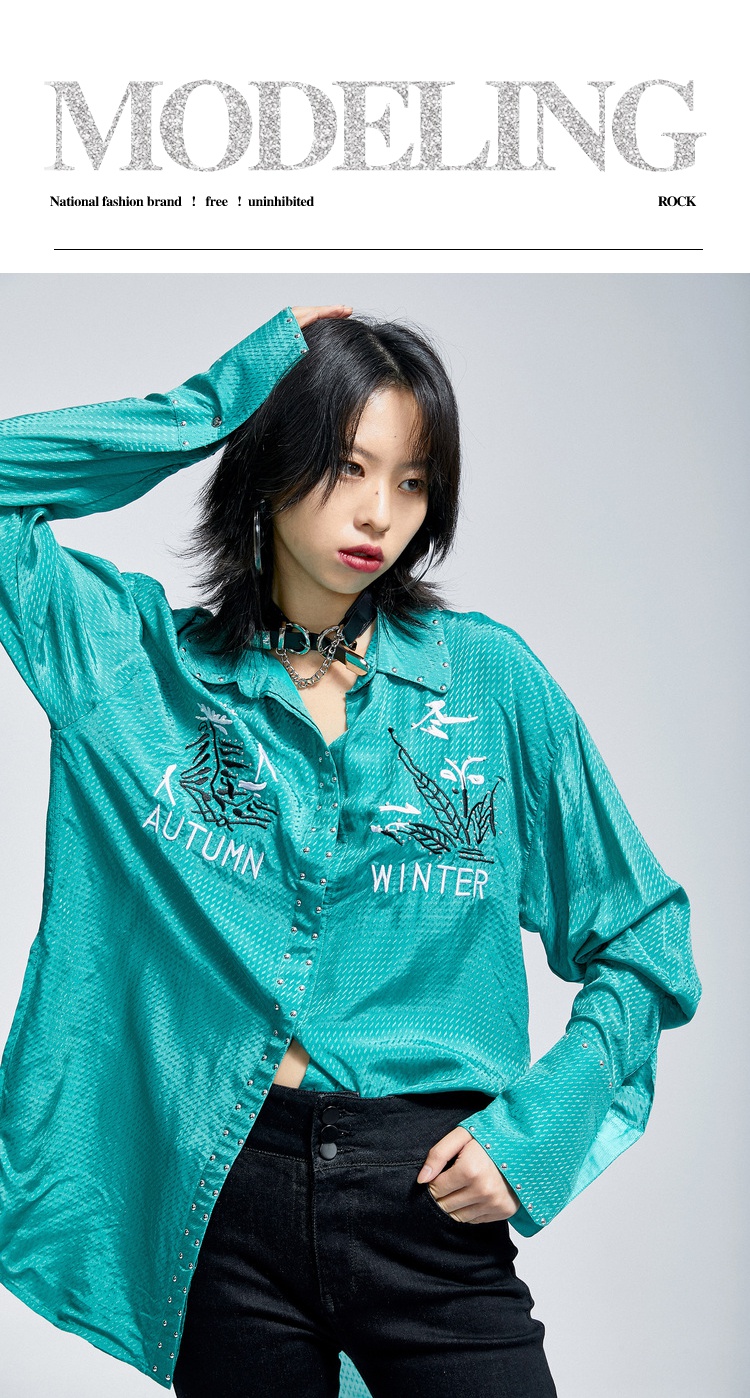 裂帛风liebofeng商场同2021春夏新时尚刺绣烫钉雪纺长袖衬衫绿色m