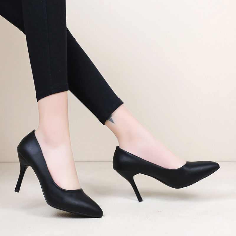 春秋新款软皮工作单鞋女气质尖头性感高跟鞋百搭细跟小皮鞋黑色6厘米