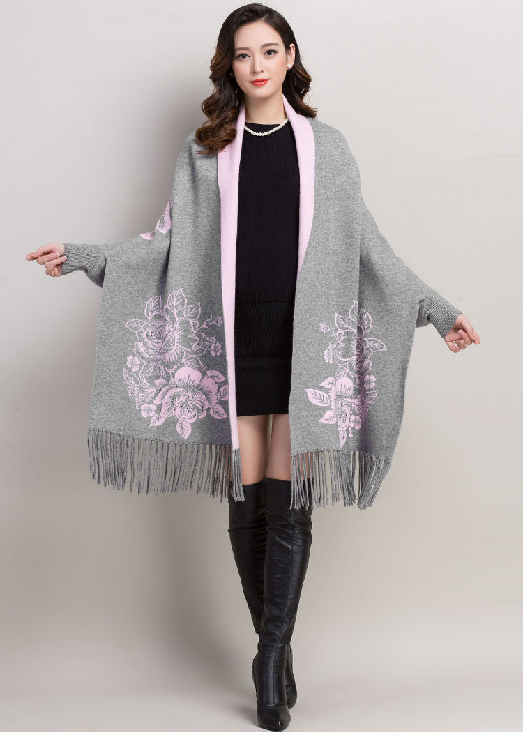 希尔库班中年人妇女围巾女带袖披肩女仿羊毛秋冬加厚保暖斗篷双面可穿