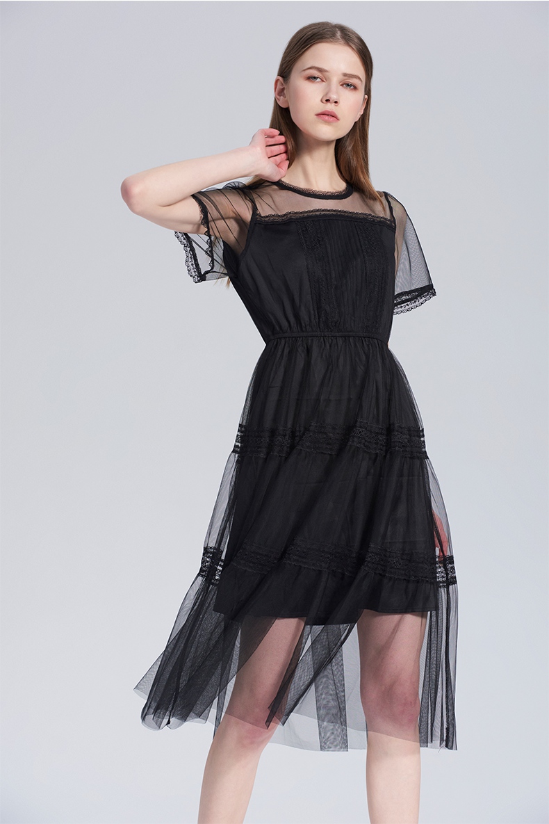five plus新款女装网纱连衣裙短袖高腰气质中长款裙子透视 黑色090 m