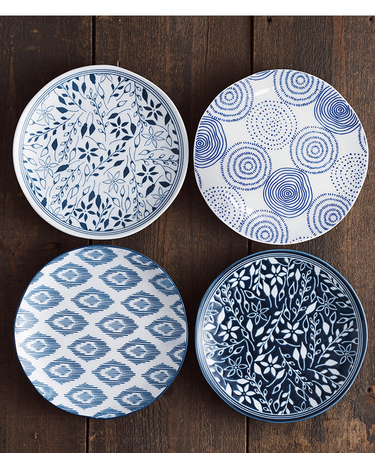 印花餐具个性创意陶瓷汤盘面碗餐盘家用盘子菜盘荷口边85浅盘四件套