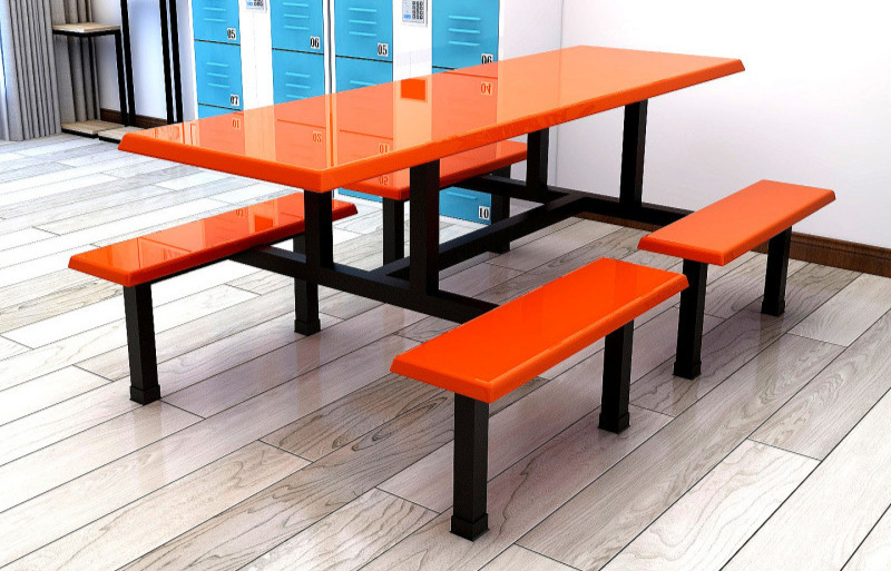 工地食堂餐桌椅快餐饭堂塑料不锈钢桌椅4连体8人 八位长条餐桌白色