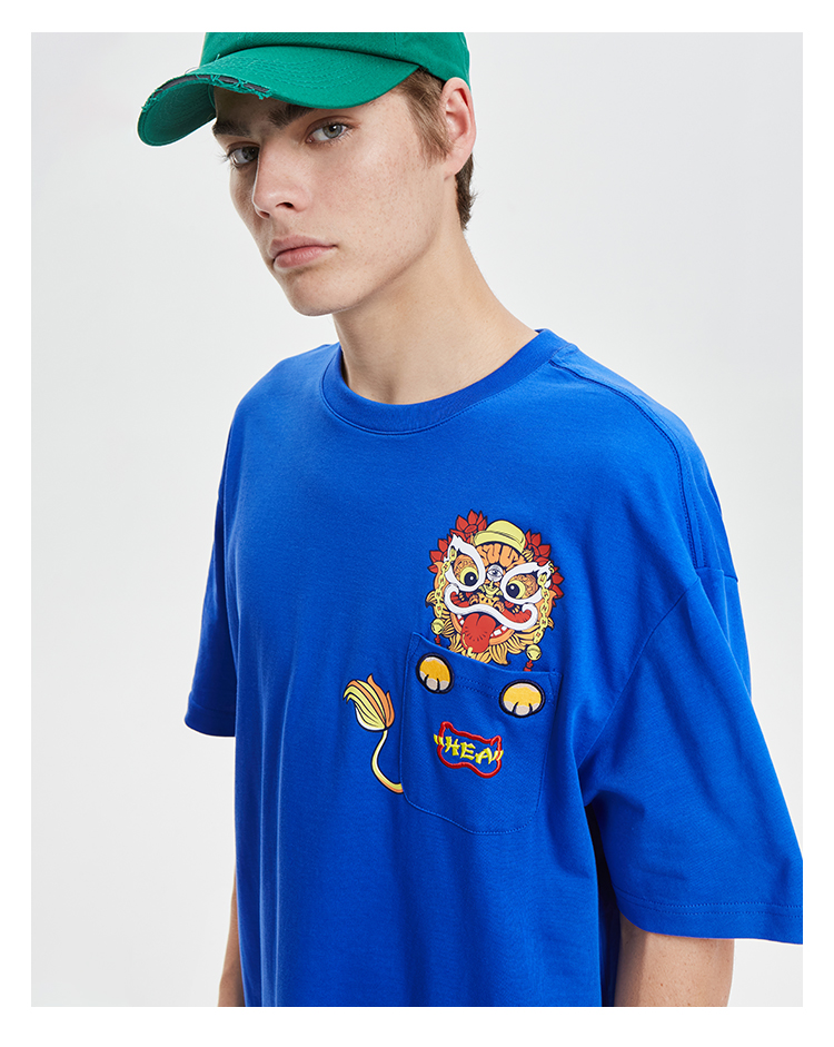 所畏国潮狮子刺绣男女同款潮牌短袖宽松t恤 蓝色m l【图片 价格 品牌