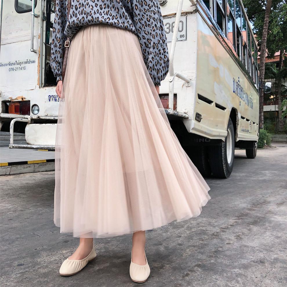 矮个子女士网纱裙半身裙春秋季半截裙子春夏季长裙中长款百褶裙仙女大