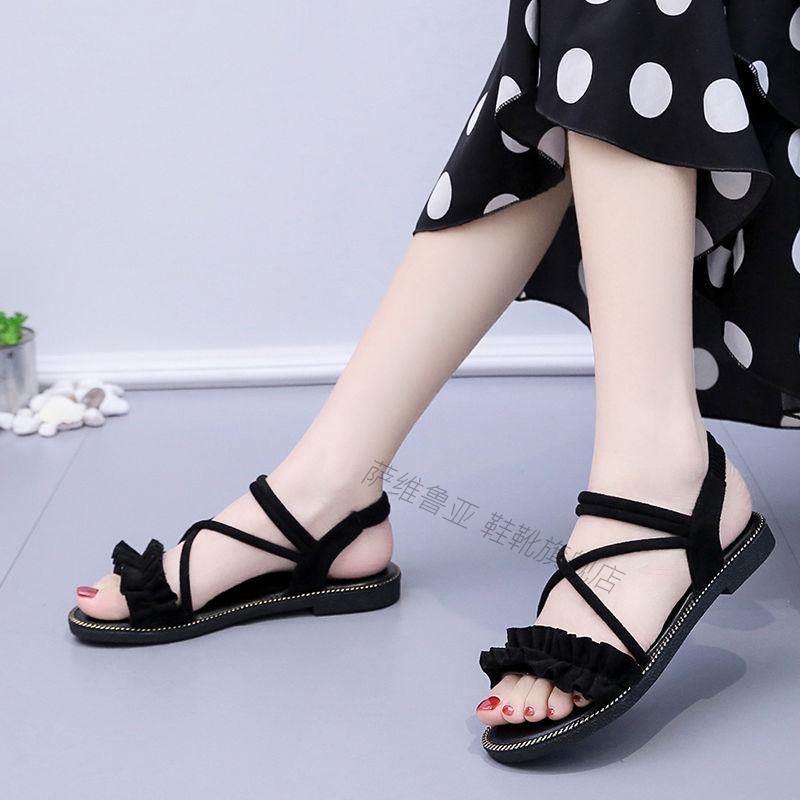 凉鞋女学生韩版公主鞋百搭凉鞋女中学生凉鞋平底新款网红ins 黑色 38