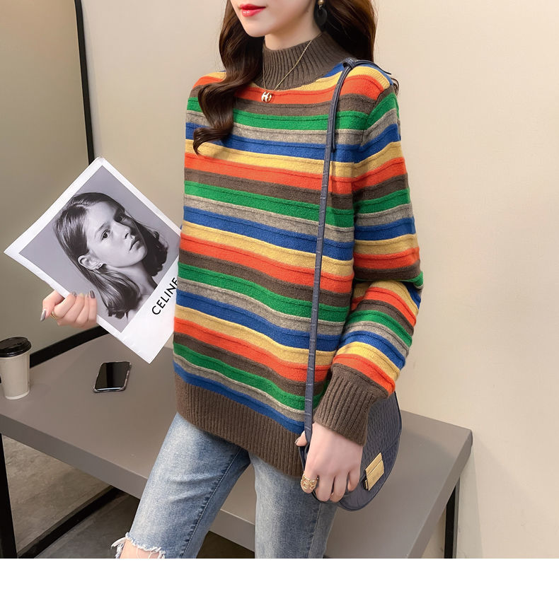 高品质针织衫女彩色条纹韩版时尚半高领套头宽松慵懒风毛衣女秋冬年