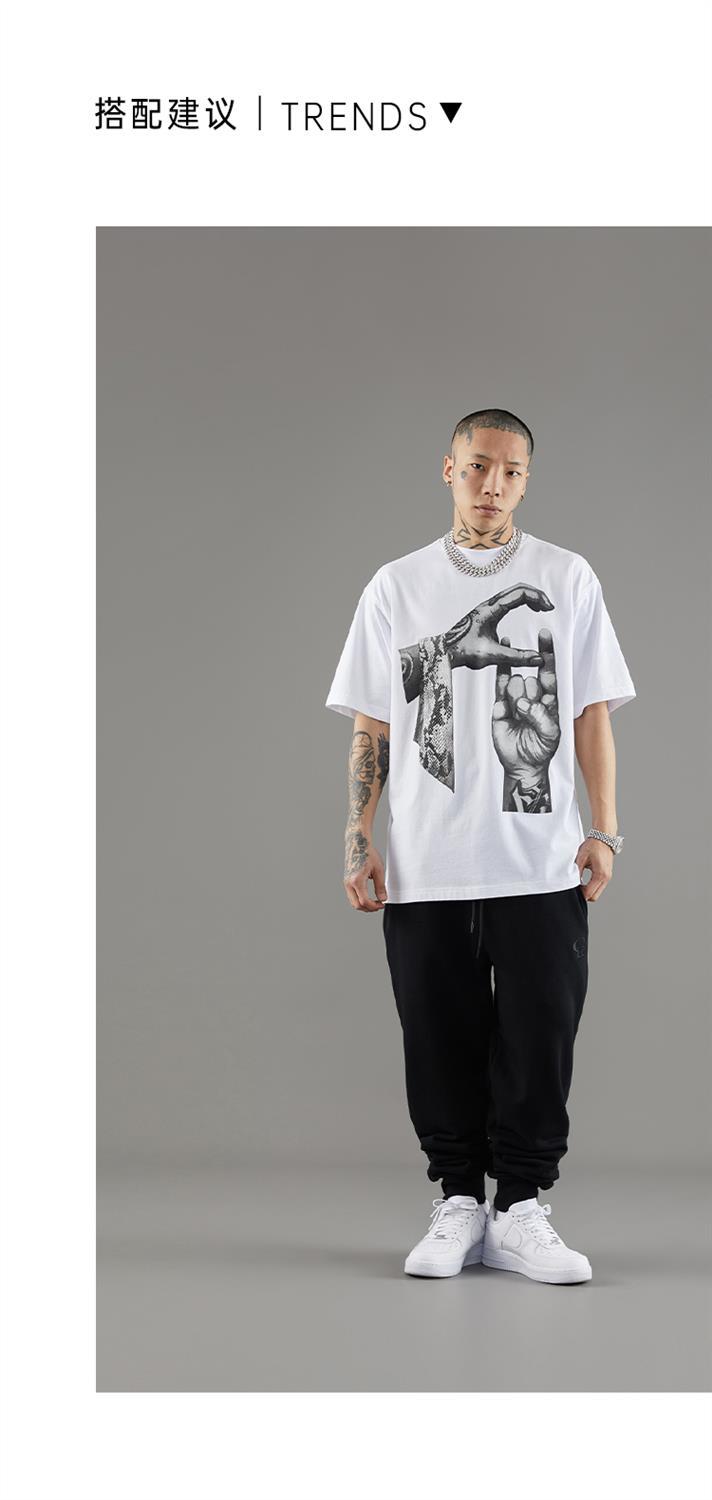 chcouplehunnidby谢帝蛇纹系列手势印花短袖街头宽松微喇破坏t恤男