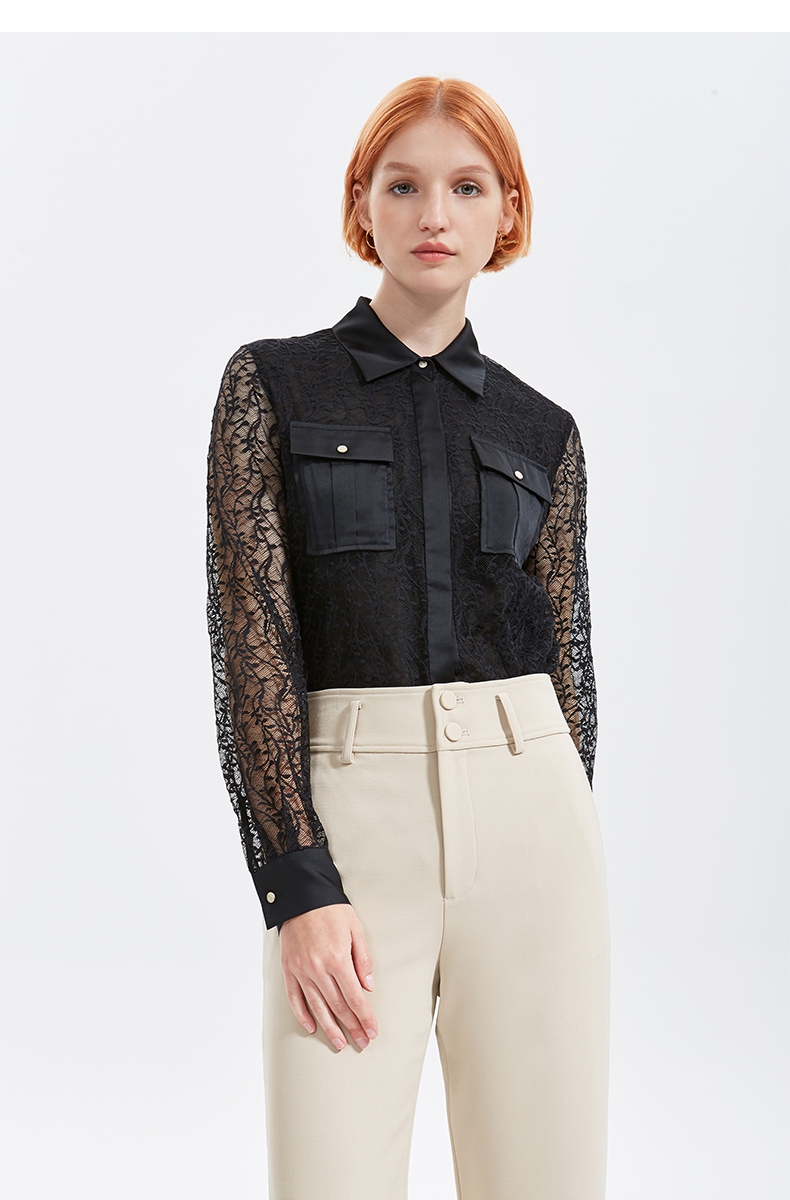 five plus新款女夏装蕾丝衬衫女长袖宽松衬衣薄翻领棉质洋气 黑色090