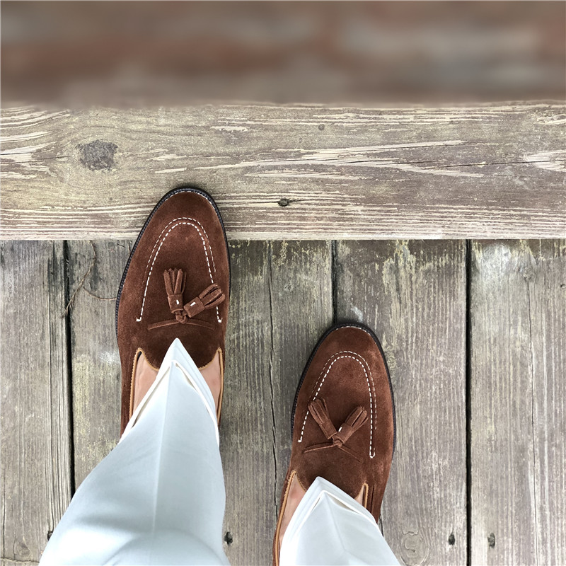 cl手工乐福鞋流苏男鞋低帮皮鞋英伦风一脚蹬男士潮流便鞋棕色39