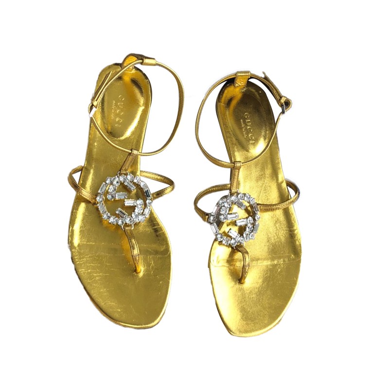 奢古驰gucci水晶双g凉鞋金色皮面金色欧码365