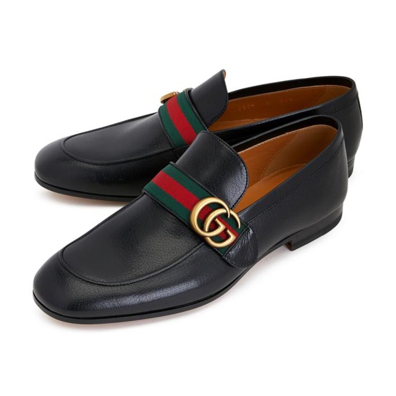 gucci/古驰 古琦男鞋 经典双g 红绿条纹 男士黑色皮革时尚休闲乐福鞋