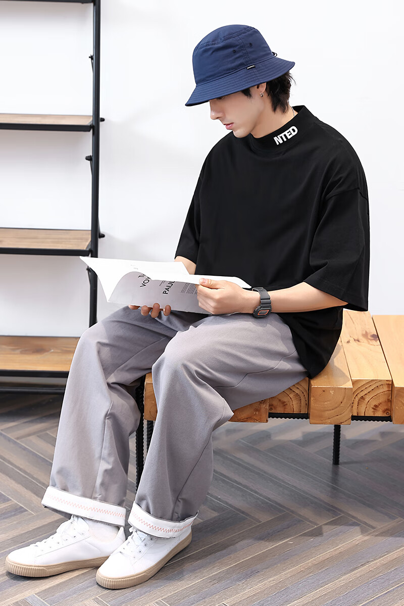 nted纯色半高领刺绣t恤男纯棉oversize短袖情侣款宽松not to exceed