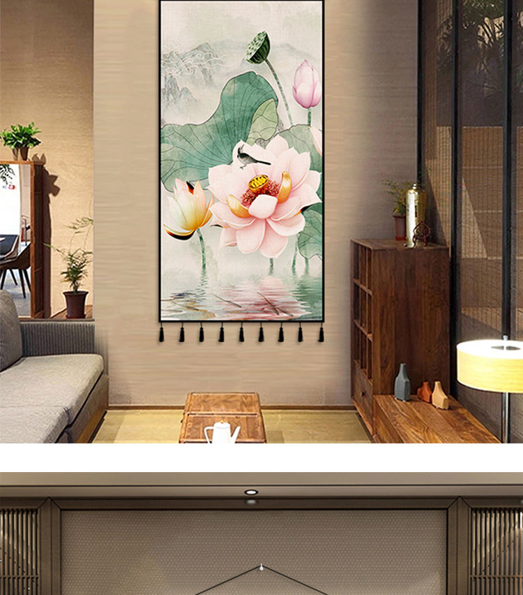 太美鑫 入户玄关布艺新中式过道挂布进门富贵荷花竖版走廊尽头挂毯 出