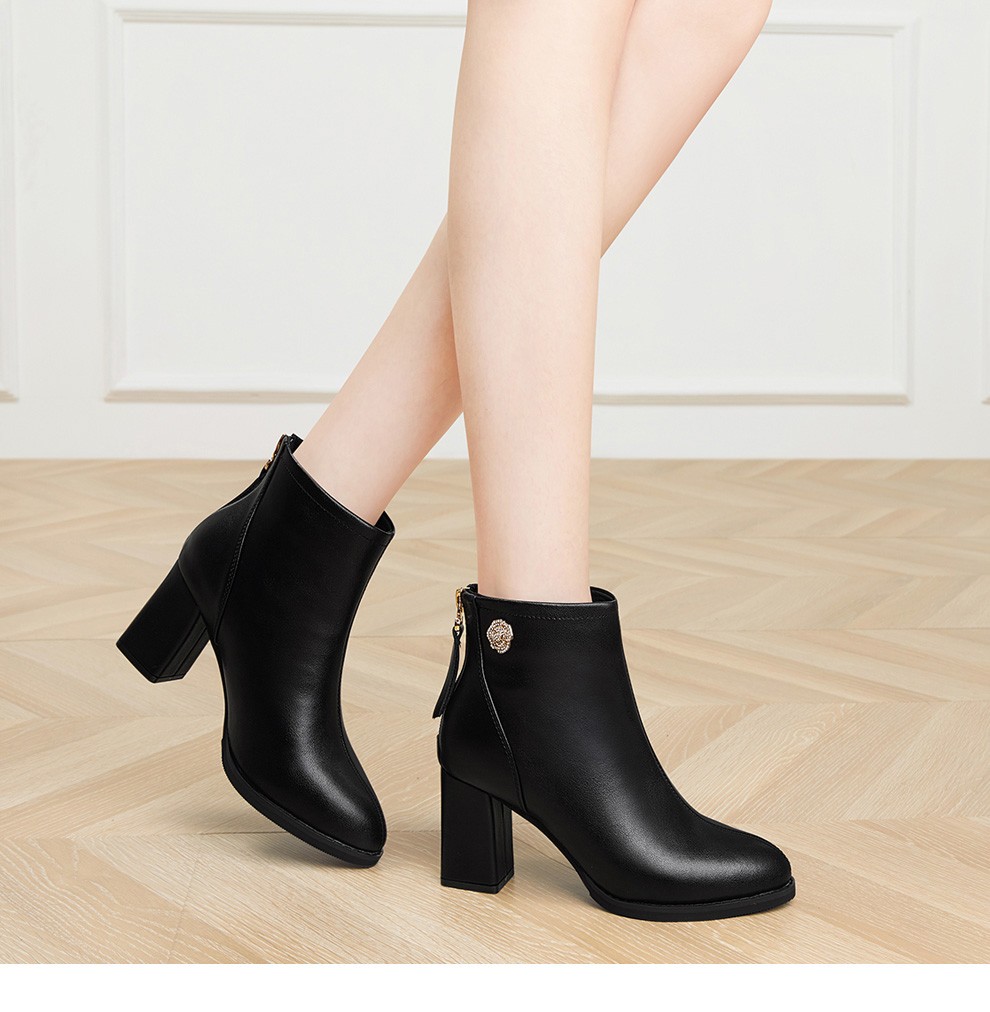 牛皮短靴女2021秋冬季高跟女鞋单鞋短靴女粗跟皮靴女时尚百搭马丁靴女