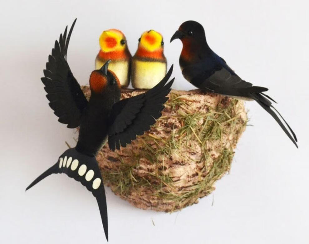 仿真小鸟装饰摆件假鸟仿真燕子燕巢鸟窝摄影道具墙上装饰品2只燕子不