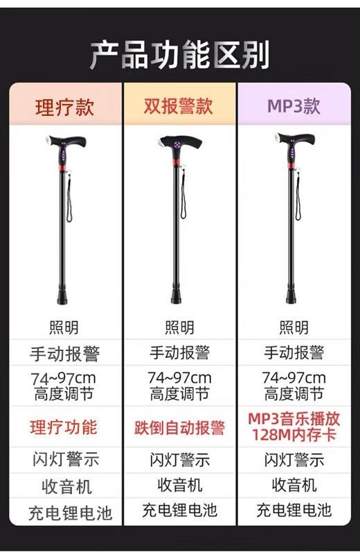 盲人用品盲人智能手杖多功能拐杖报警拐棍智能铝合金伸缩带灯带收音机