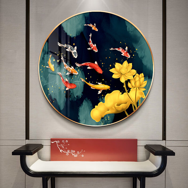 九鱼图玄关装饰画挂画新中式圆形装饰画九鱼图玄关餐厅挂画客厅背景墙