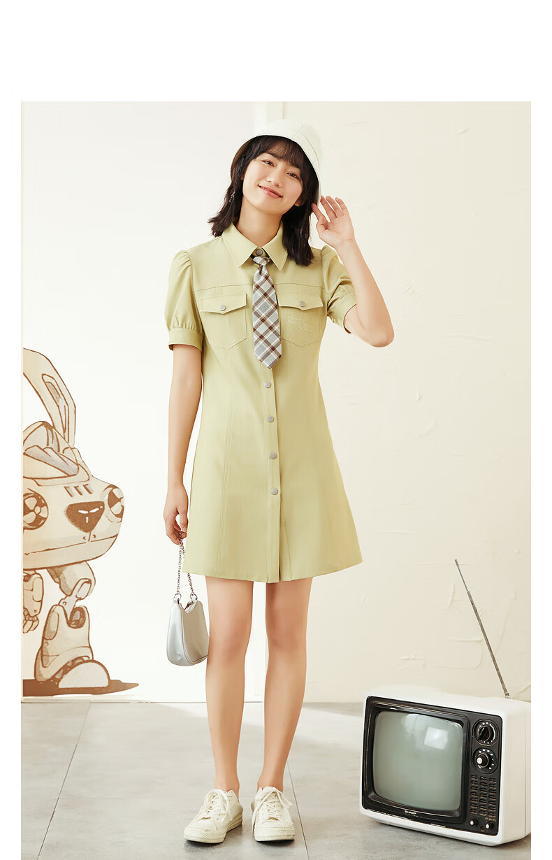 头号玩家 紫涵2021年夏装新款衬衫领连衣裙泡泡短袖显瘦裙子女潮 酸橙