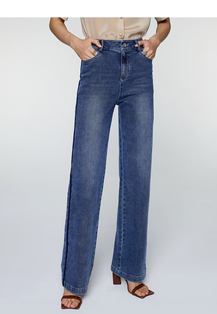 insun恩裳2021夏季新款时尚侧面条纹棉质复古深蓝色牛仔裤女 蓝色 44