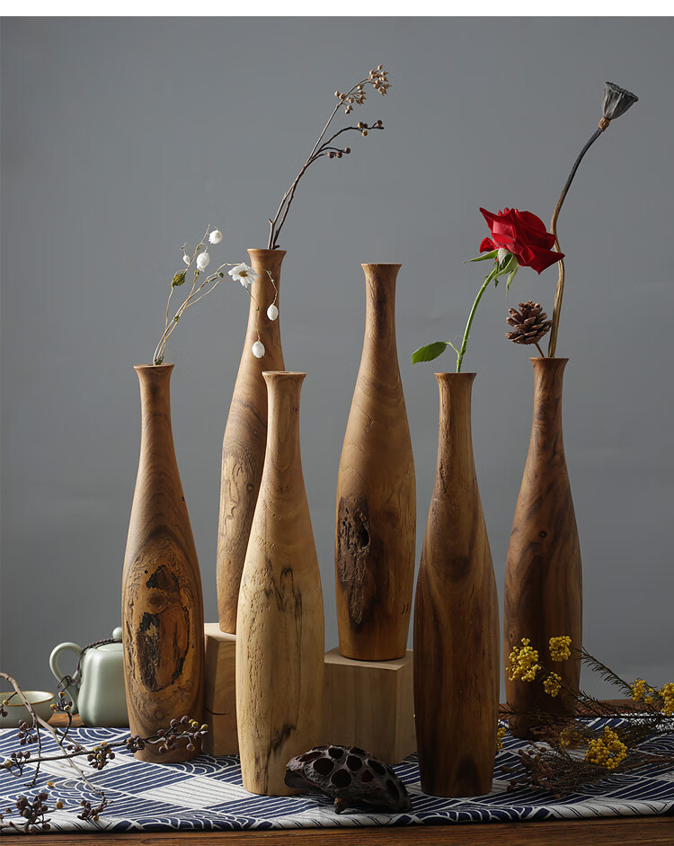 日式侘寂风摆件原木干花花瓶实木日式禅意花器简约茶几摆件装饰品民宿