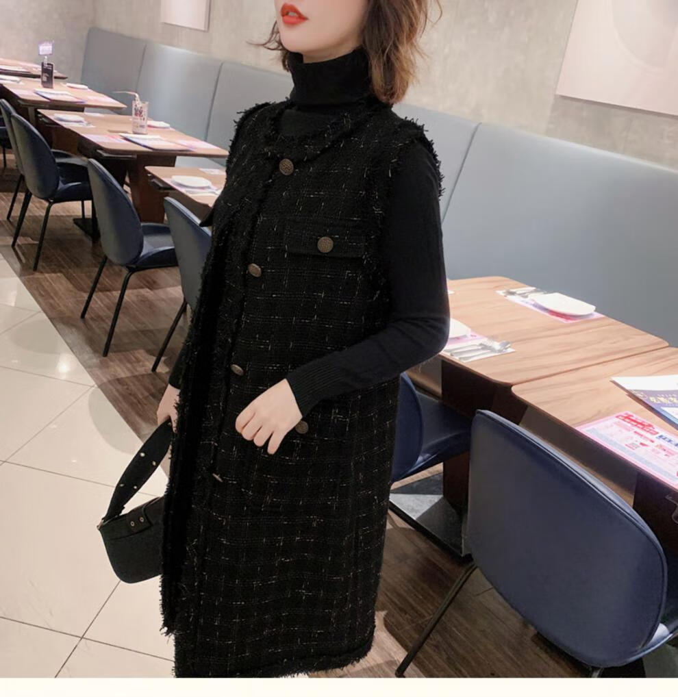 2021春装新款韩版时尚流苏拼接圆领坎肩上衣中长款外穿背心外套 黑色