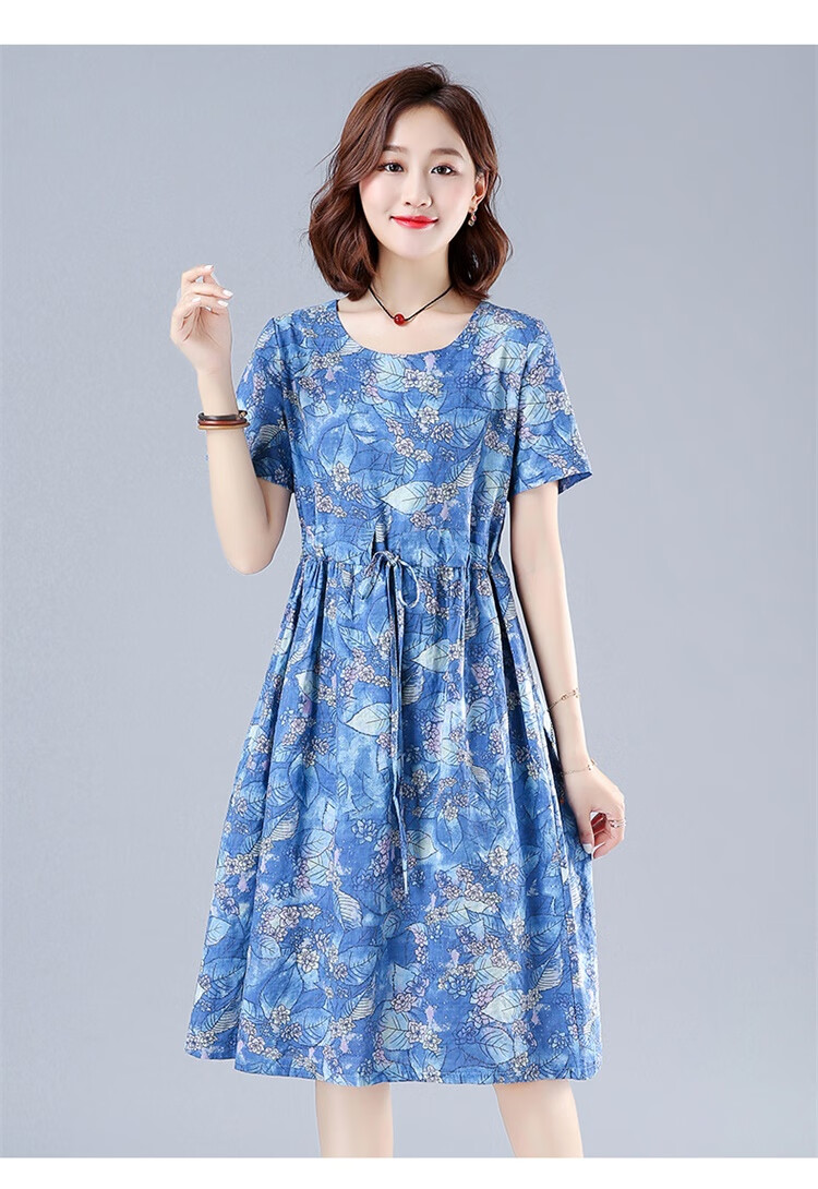 棉麻连衣裙夏中老年人妈妈连衣裙夏4050岁中长款矮个子中年夏装2021中