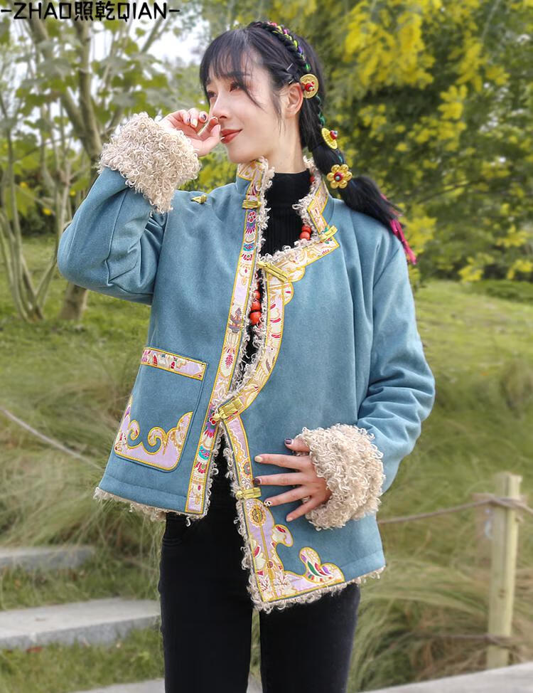 照乾藏族服装冬季冬天穿的藏式外套女西藏袍绣花长绒保暖藏装上衣拉萨