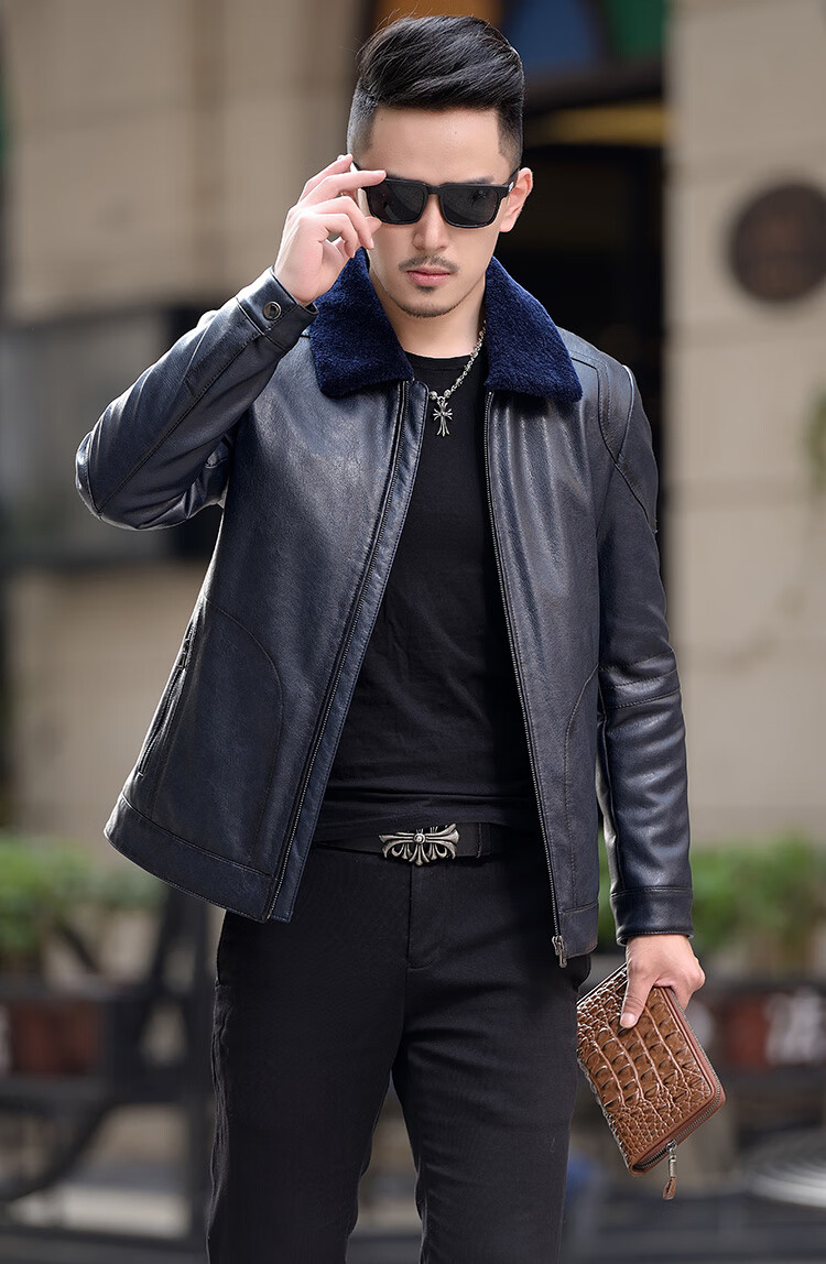 男士真眞皮翻毛皮衣男冬季海宁皮夹克机车短款羊绒翻领加厚酒红色外套