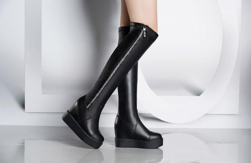 长靴女过膝坡跟高跟长筒靴显瘦弹力靴厚底内增高靴子侧拉链骑士靴