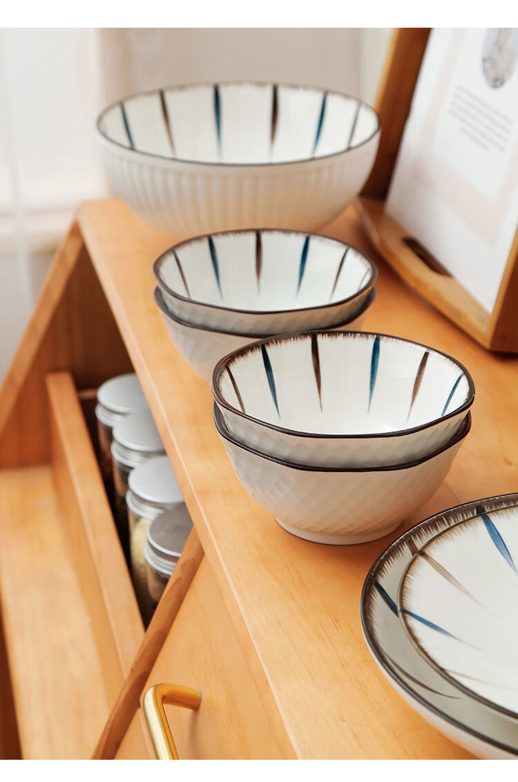 碗陶瓷家用汤饭碗可爱日式小碗沙拉碗泡面碗高颜值餐具碗碟盘套装蓝和