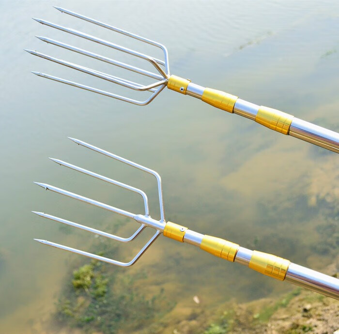 不锈钢小号5齿渔叉小倒刺可伸缩头8mm螺丝扣捕头中七圆叉6杆子10米