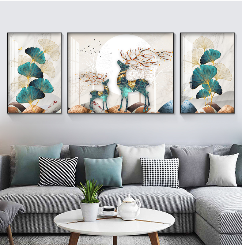 客厅沙发背景墙挂画装饰画现代简约抽象北欧轻奢壁画三联晶瓷壁画福鹿