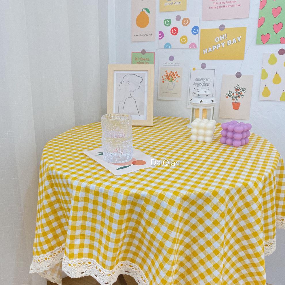 念柔经典黄色格子桌布ins田园野餐布餐桌布艺茶几学生书桌布湛蓝包边