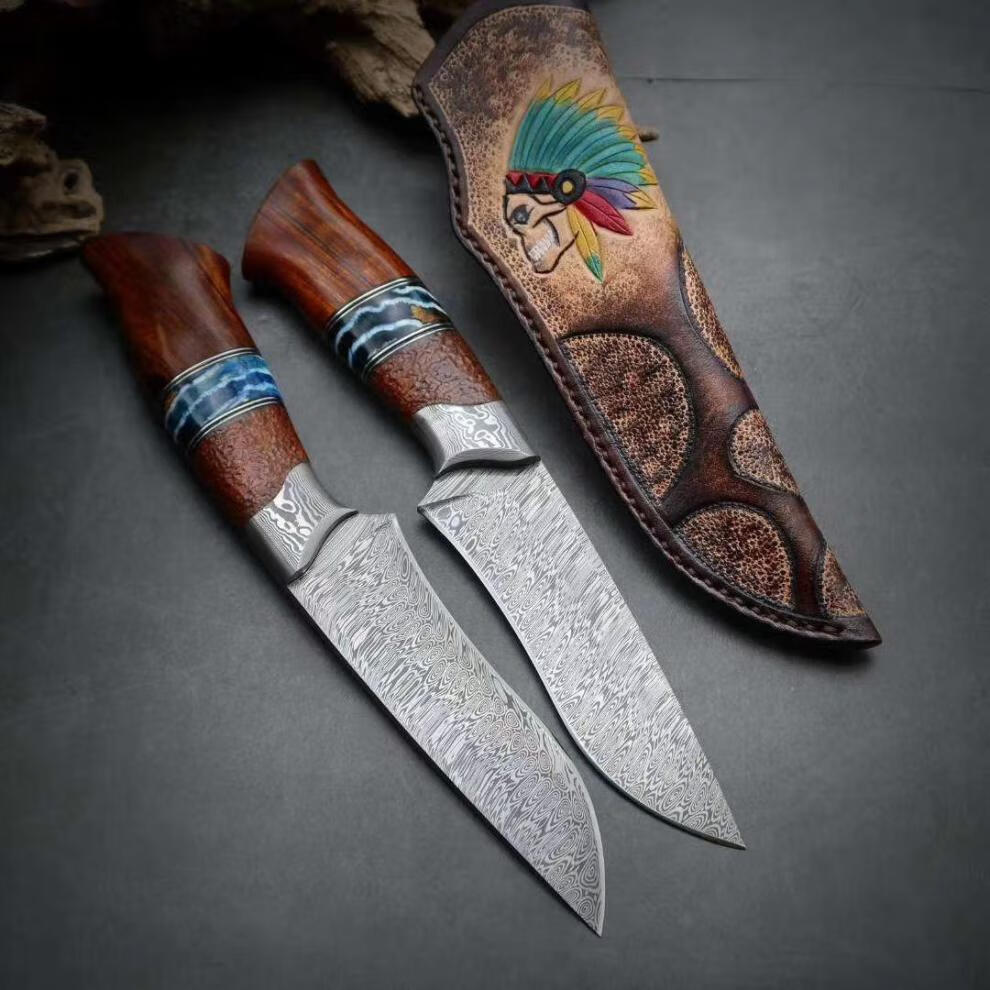 硕哥 进口瑞粉大马士革钢刀户外防身小刀荒野求生高硬度锋利手工直刀