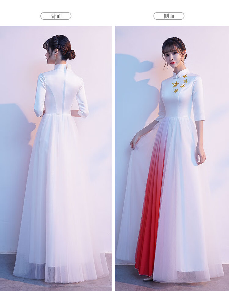 合唱服女士演出服爱国诗朗诵表演服装中国风红歌合唱礼服长裙 白色 s