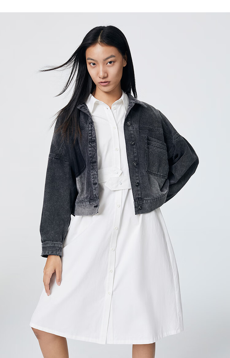 新】艾莱依2021春夏新款复古短款牛仔服女修身小个子韩版休闲牛仔外套