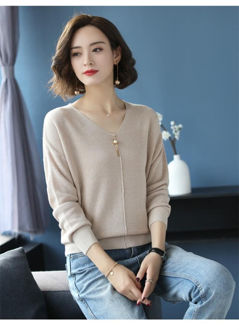 尚功沐春季薄款针织衫女领毛衣宽松短款打底衫内搭长袖色上衣孖佑 tt