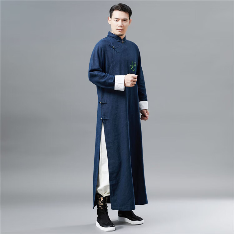 中国风民国长衫苎麻男装中式立领盘扣唐装古装长袍大褂刺绣汉服潮