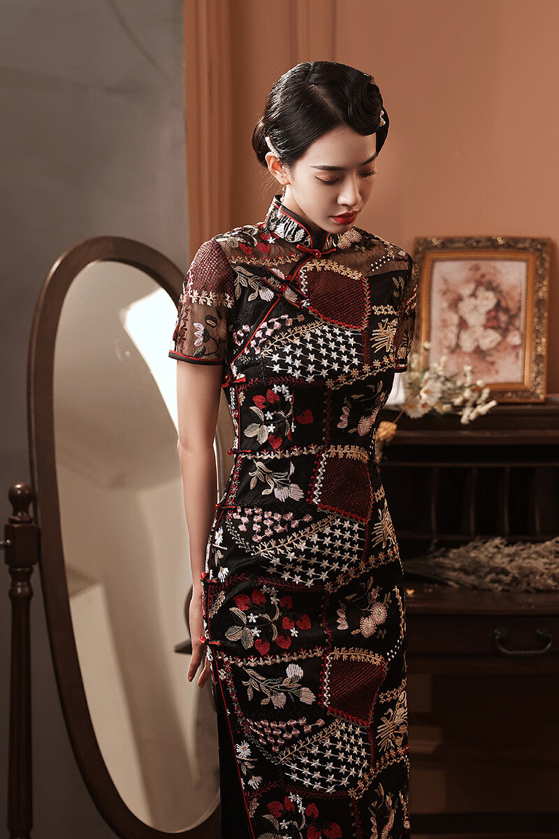 改良旗袍裙女2021老上海风蚀骨旗袍日常年会表演可穿蕾丝刺绣长款