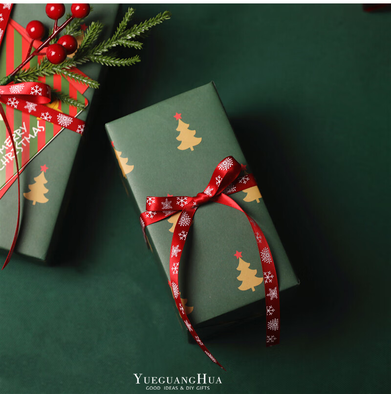 带新年礼物绳雪花圣诞老人印花蝴蝶结红绿色礼品盒绑带1绿色雪花24