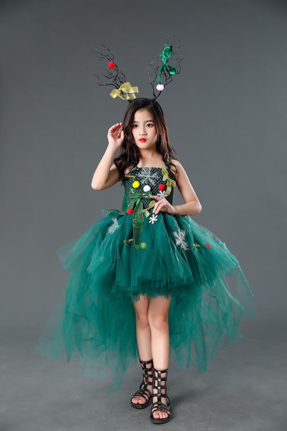 精选【圣诞元旦礼服】圣诞节儿童服装女童礼服绿色森林系连衣裙小女孩