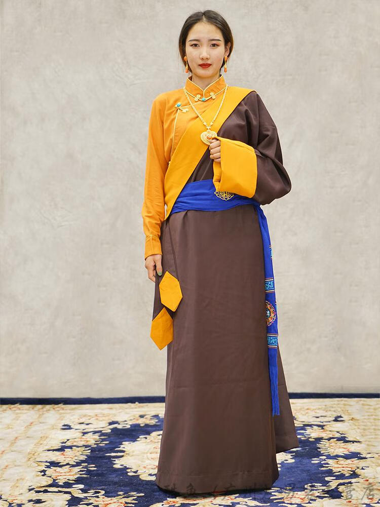 藏袍女2021新款藏族服饰夏藏服藏装拍摄服女士康巴生活装 黄色上衣 l