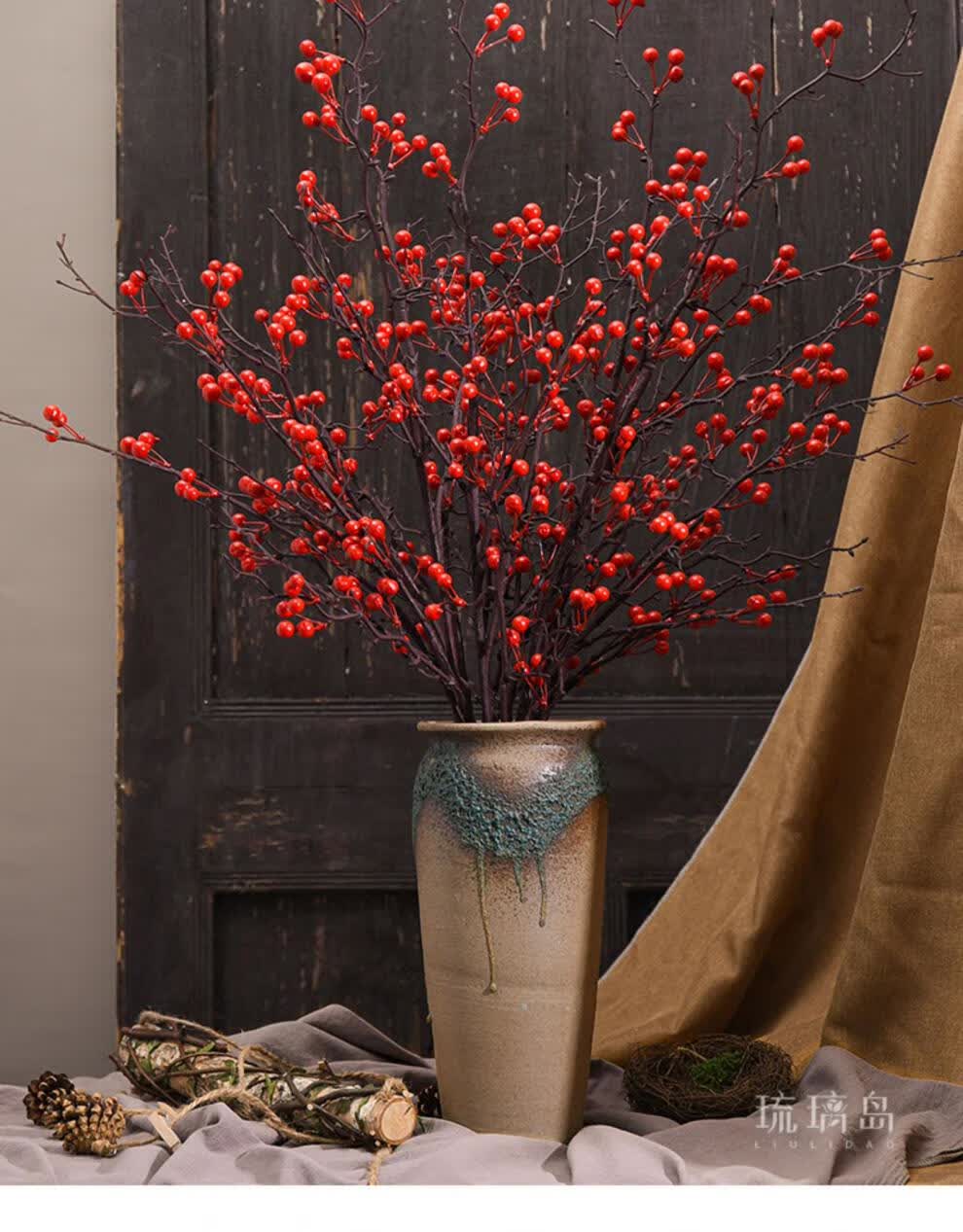 冬青红果仿真 北美冬青红果发财果带花瓶幸运果仿真过年插花红色装饰