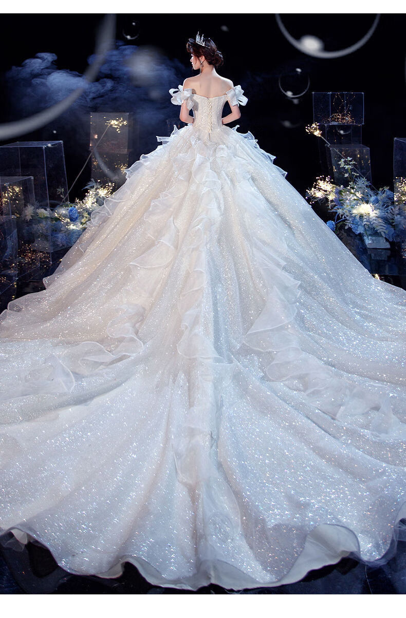 随落气质主婚纱森系2021新款小个子新娘大拖尾仙星空一字肩梦幻齐地