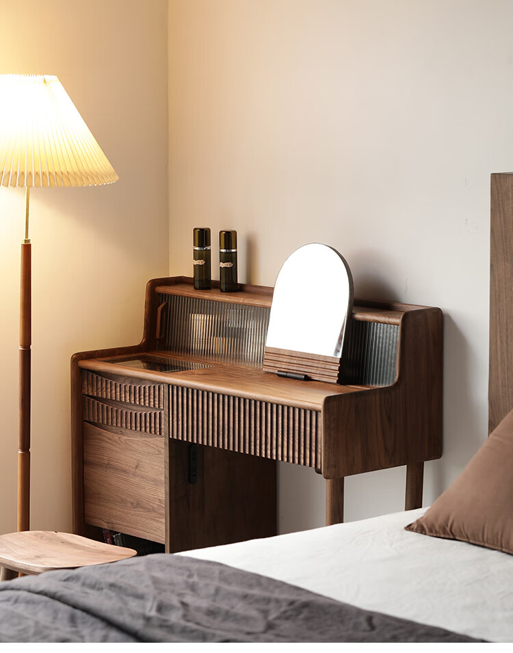 木支结北欧简约黑胡桃木梳妆台全实木轻奢化妆桌卧室多功能一体化妆台