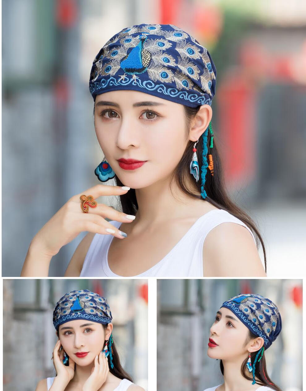 女式民族风刺绣头巾绣花薄款棉麻冒孑女帽孔雀开屏绣花冒孑系带帽包头