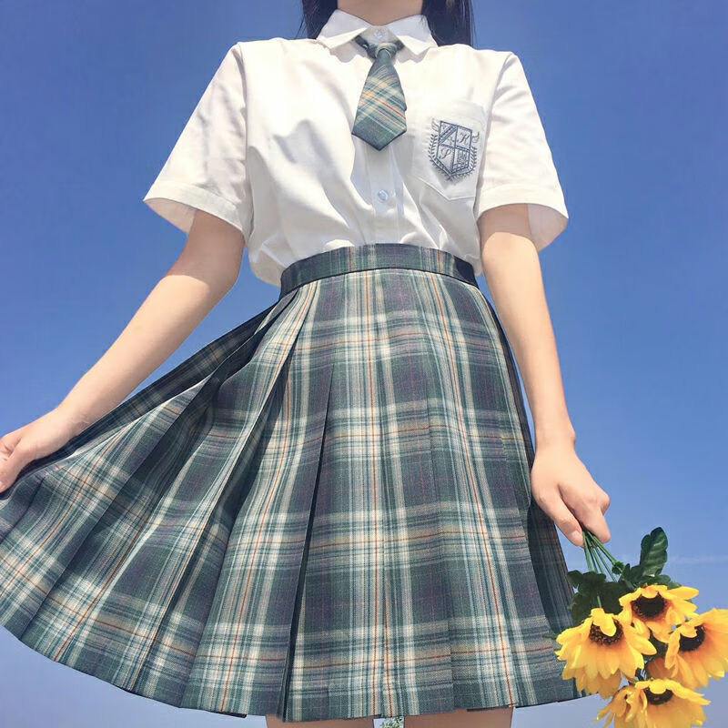 森林来信兔姬舍jk裙制服格裙套装日系高腰半身裙掉落 黑衬衫长袖 森林